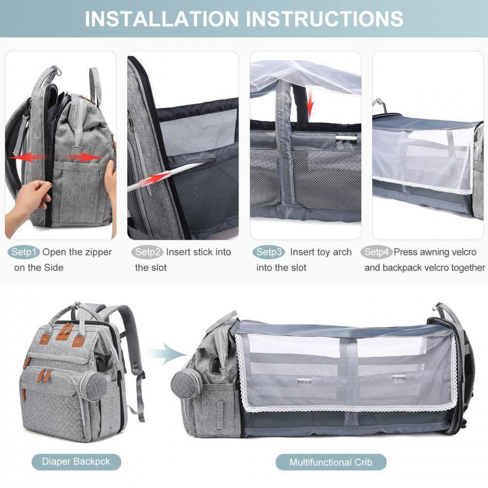 TOP Mommy Backpack with Crib Anti-Mosquito Mom Bag Stroller Large Capacity Baby Bag with Toy Gift