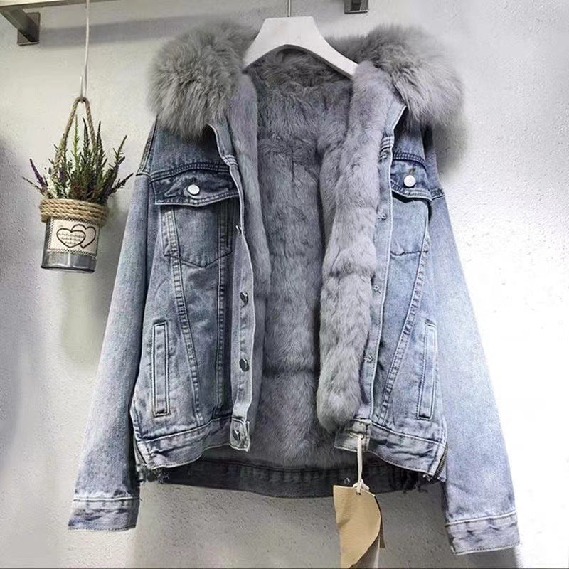 Winter new style plus velvet cotton coat loose Korean style denim fur collar thickened coat for women