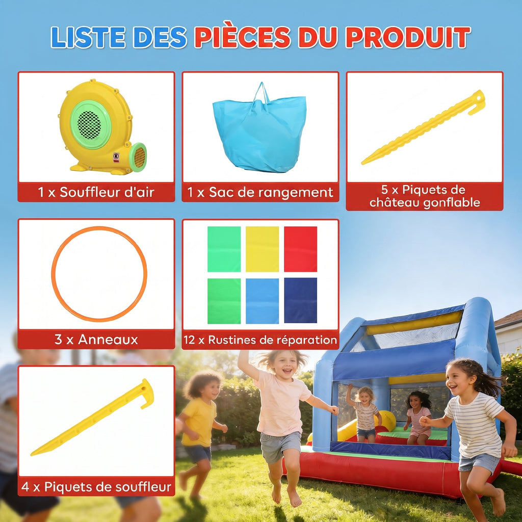Château gonflable 4 en 1, aire de jeux avec souffleur, toboggan, piscine à balles, jeu de lancer d'anneaux, multicolore-7