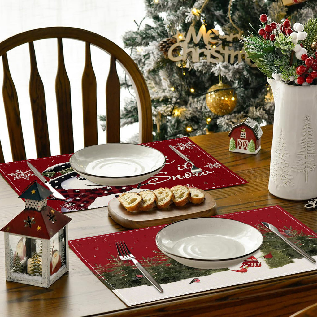 Christmas Snowman Linen Meal Mat Snowflake Grid Printed Table Mat Christmas Party Decoration Insulation Mat Holiday Decoration