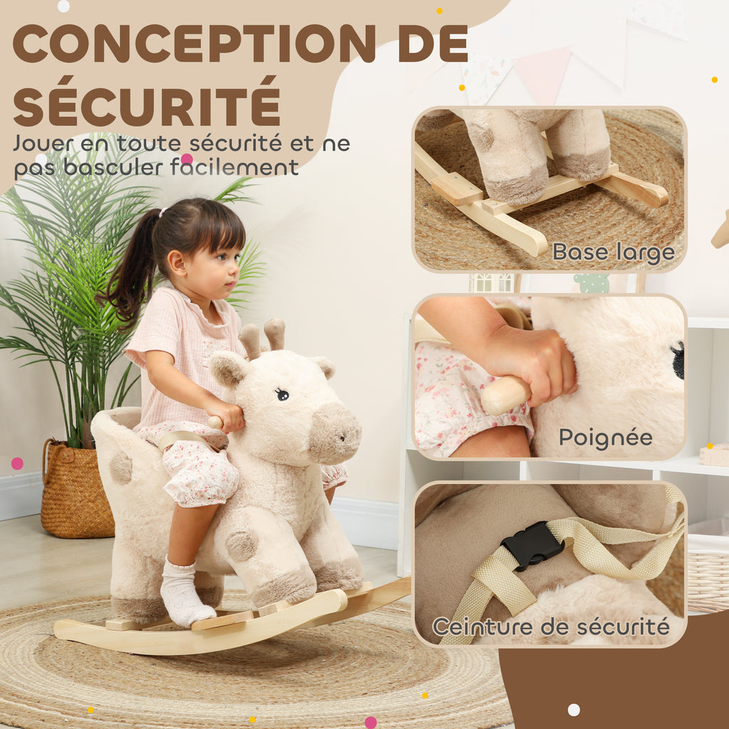 Cheval à bascule pour enfants girafe jouet à bascule bébé avec effet sonore, ceinture de sécurité, 68x35x50cm, beige-5