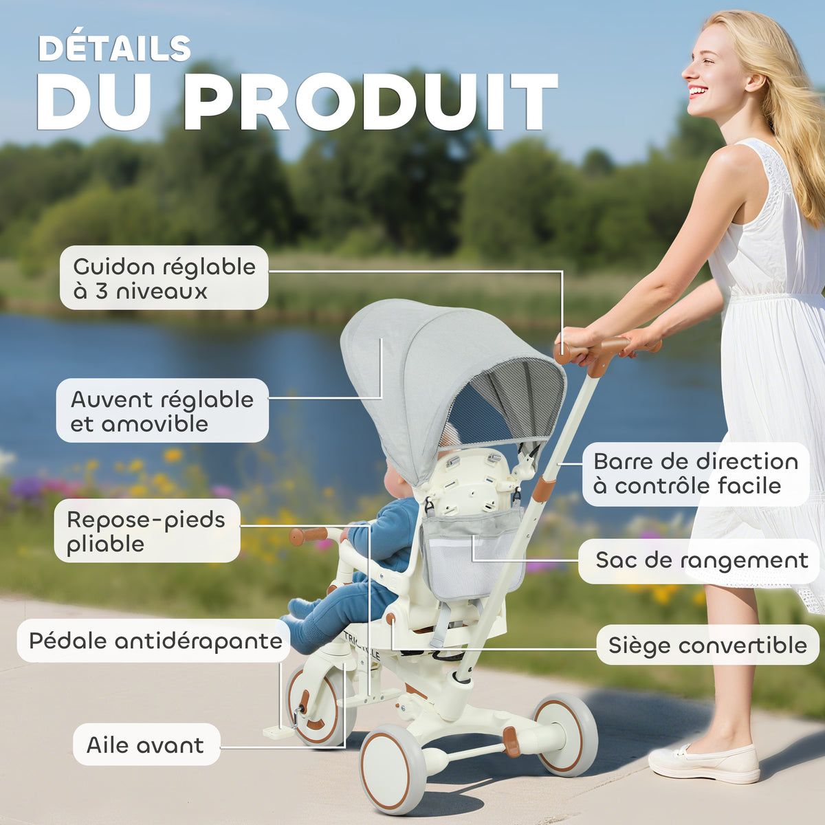 Tricycle bébé évolutif 5 en 1, tricycle enfant pliable avec poignée réglable, capote amovible, pour 1-3 ans, crème-8