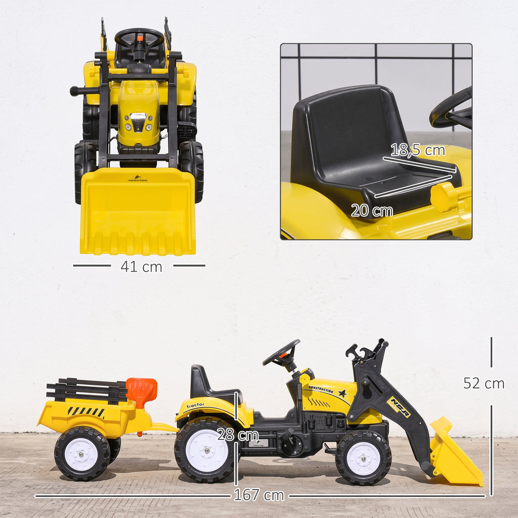 Tracteur à pédales tractopelle avec remorque Pelle et râteau Jeu de Plein air Enfants à partir de 3 Ans Jaune Noir-2