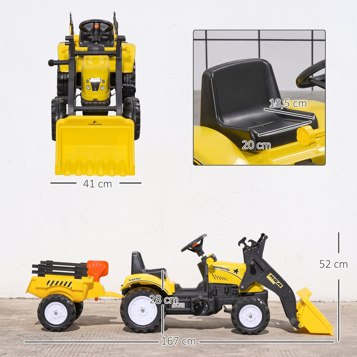 Tracteur à pédales tractopelle avec remorque Pelle et râteau Jeu de Plein air Enfants à partir de 3 Ans Jaune Noir-2