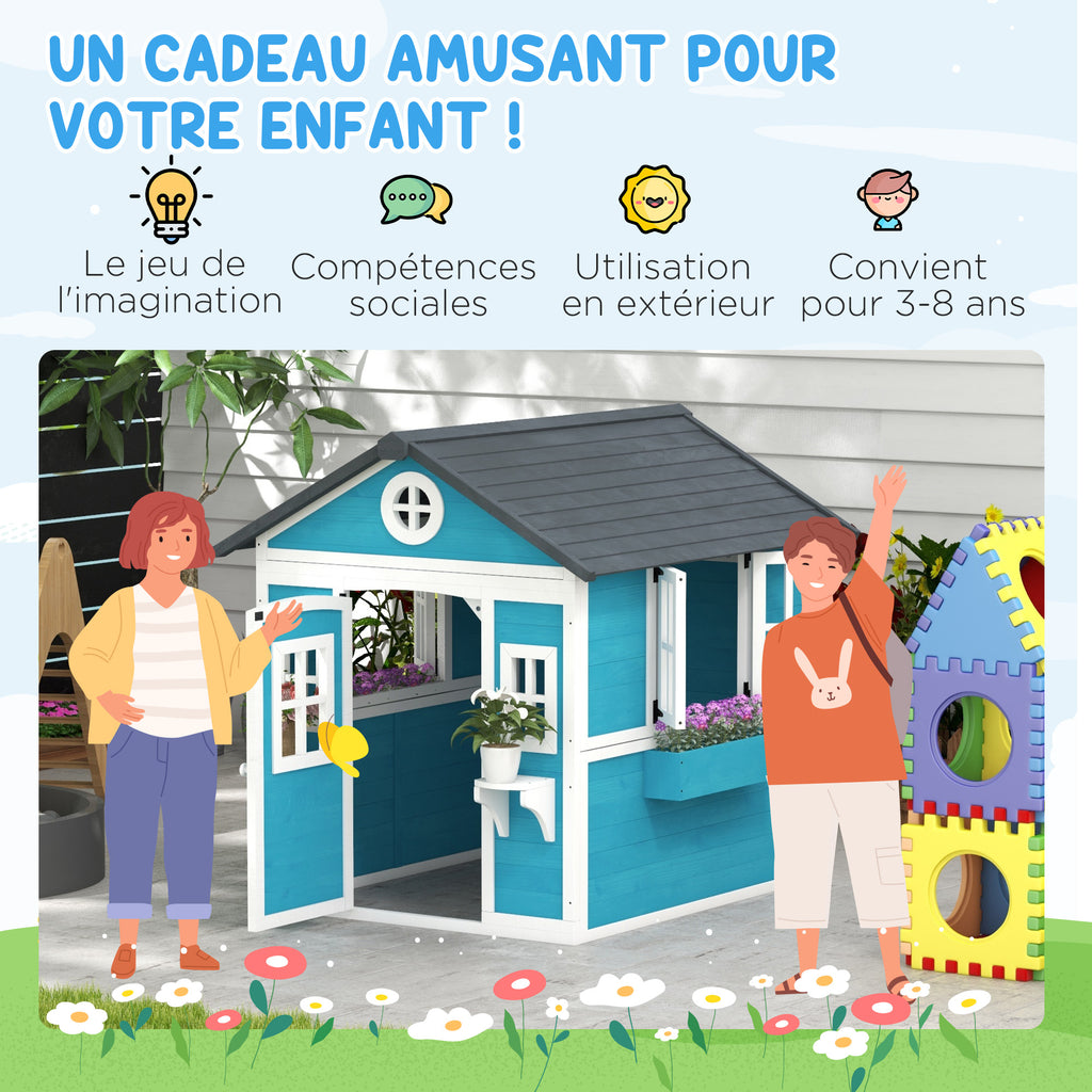 Cabane enfant extérieur maison enfant extérieure avec porte fenêtres et jardinières 114 x 126,4 x 135 cm bleu-5