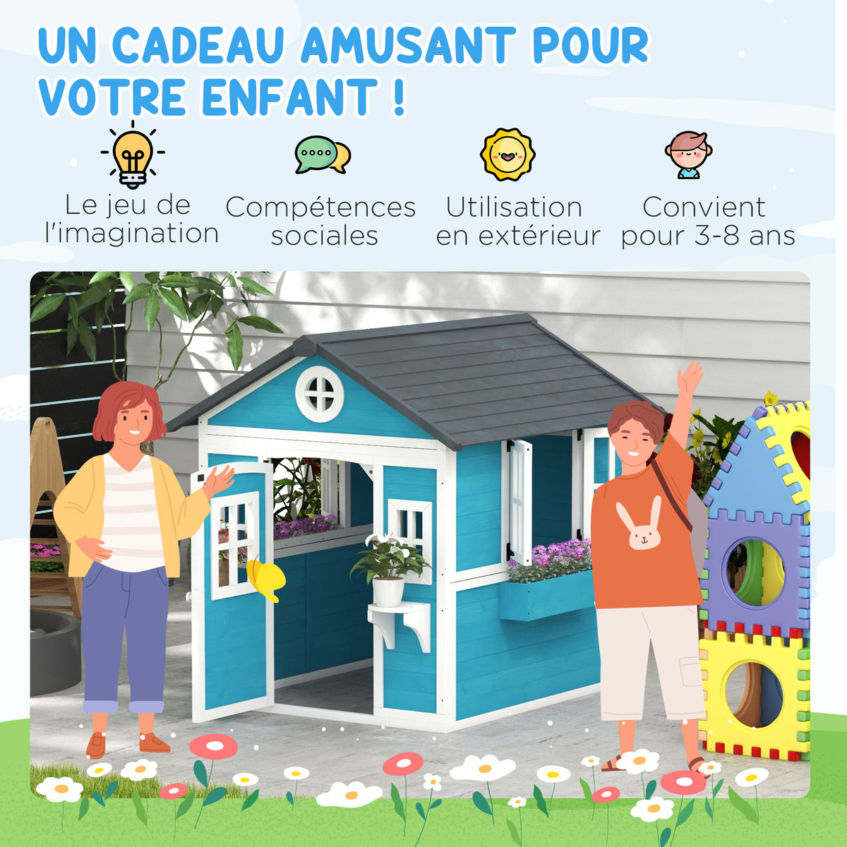 Cabane enfant extérieur maison enfant extérieure avec porte fenêtres et jardinières 114 x 126,4 x 135 cm bleu-5