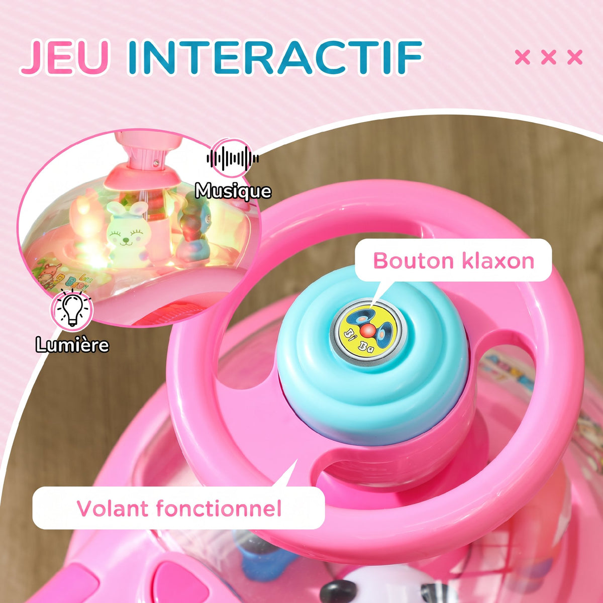 Voiture Porteur pour Enfants, Véhicule à Pousser avec Klaxon, Lumières, Musique, Volant, Rangement Sous le Siège, Rose-4