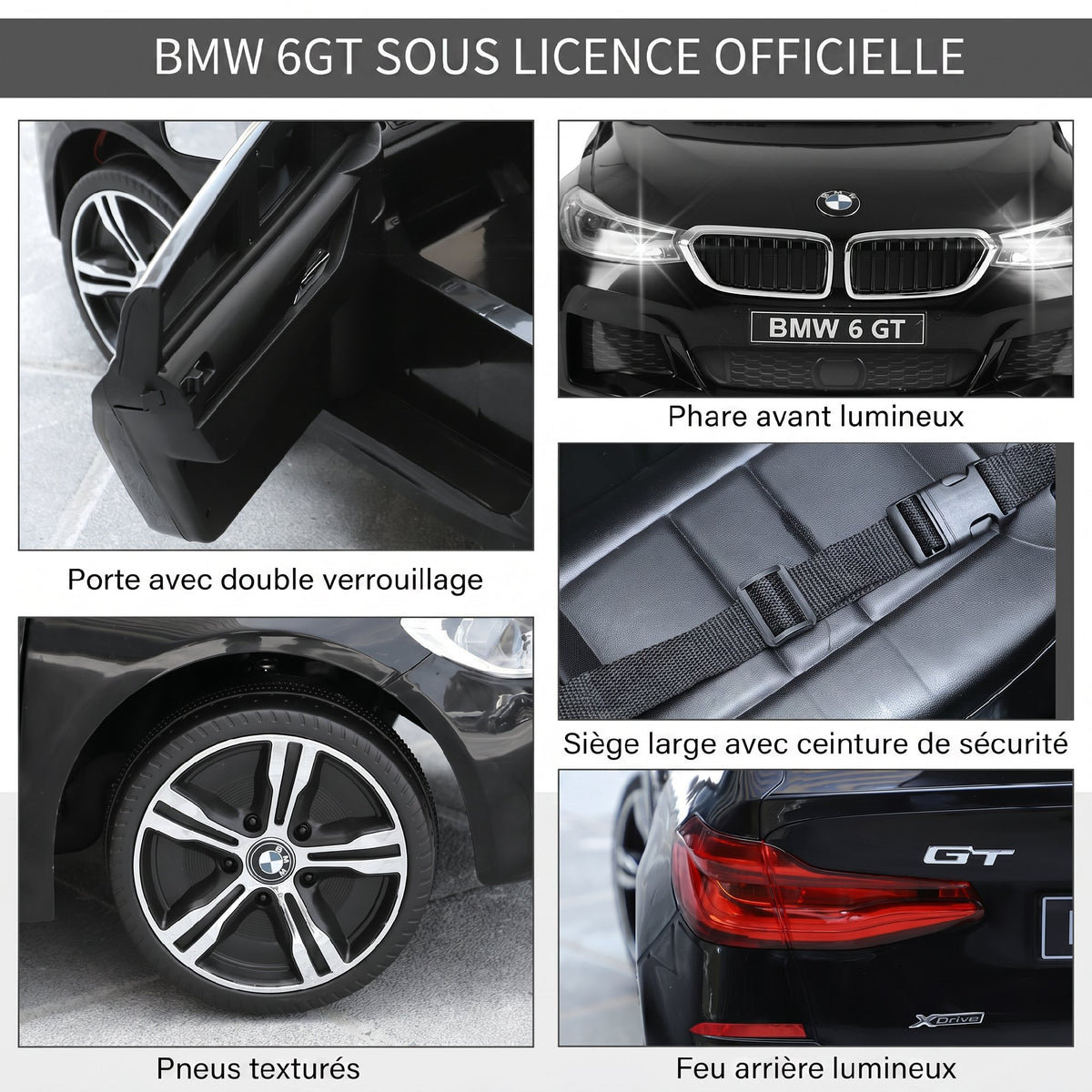 Voiture électrique Enfants 6 V 3 Km/h Max. Effets sonores et Lumineux télécommande Incluse Noir BMW 6 GT-3