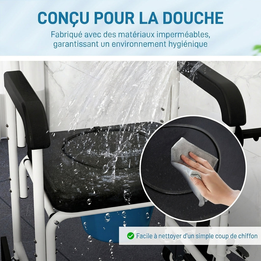 Chaise percée adulte à roulettes, chaise percée de douche avec repose-pieds, dossier et accoudoirs, 53x97x97cm, noir-4