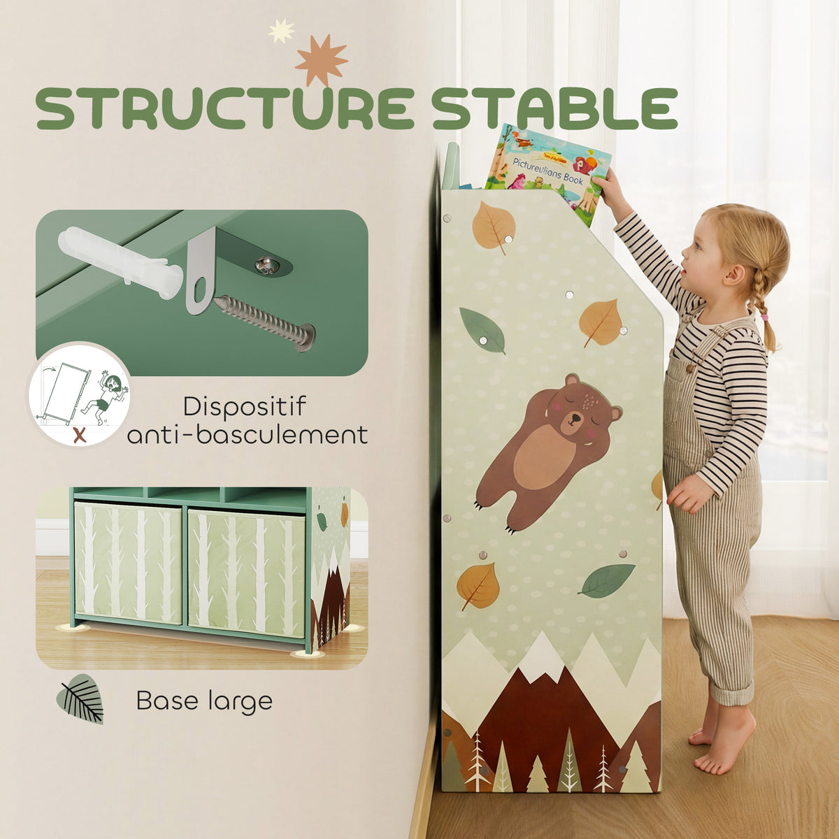Meuble rangement enfant, bibliothèque enfants avec étagères ouvertes et 2 tiroirs en tissu, MDF, vert-5