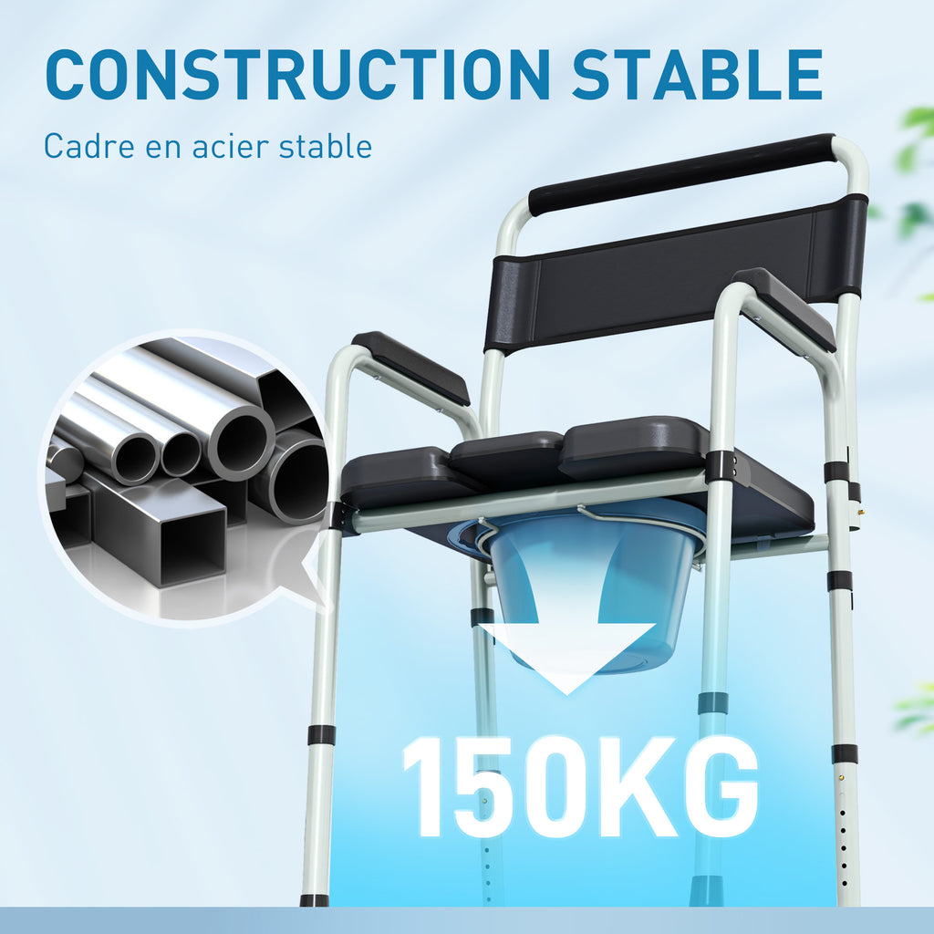 Chaise percée toilette pliable antidérapante hauteur réglable, siège et accoudoirs rembourrés, charge 150 kg, noir-4