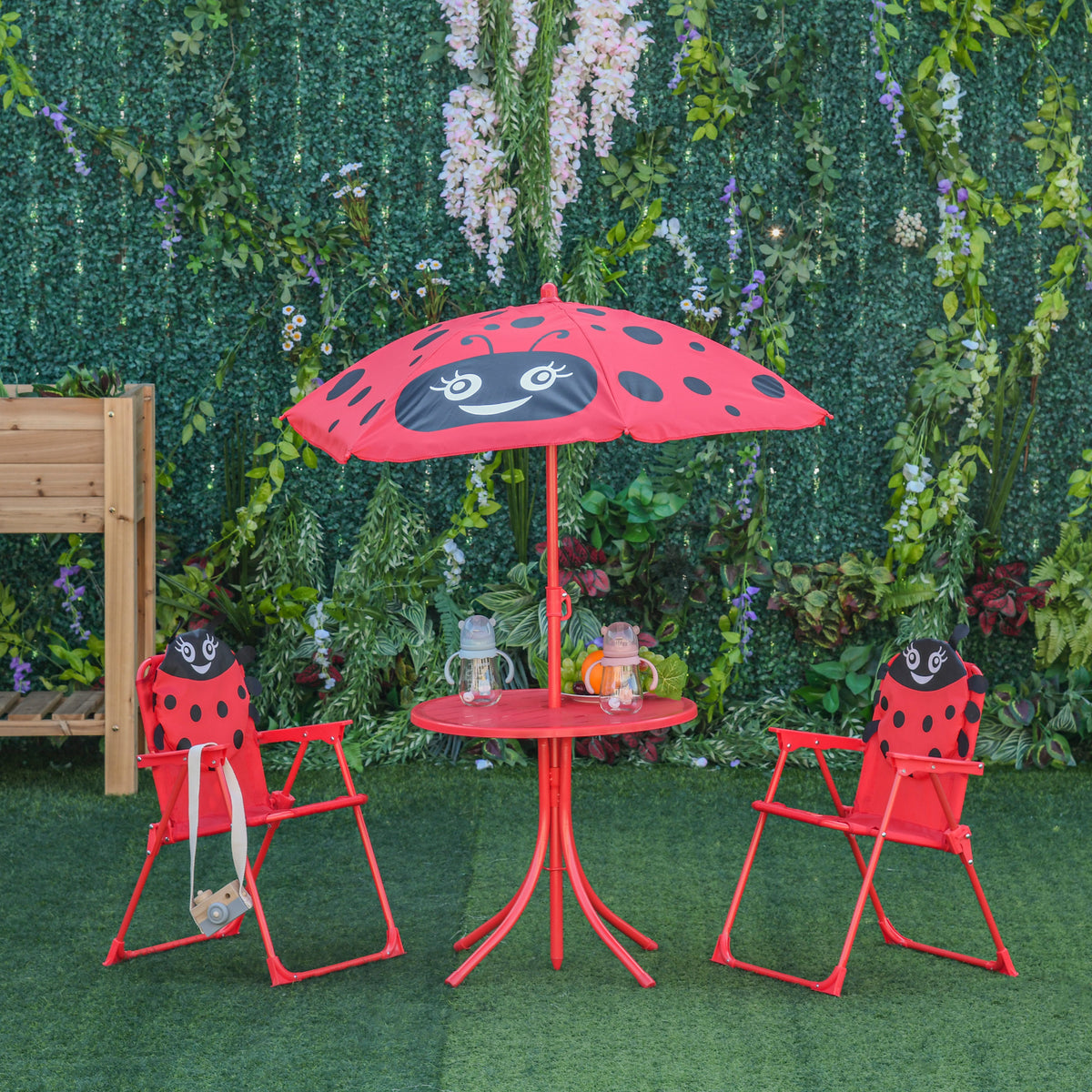 Ensemble Salon de Jardin Enfant 4 pcs Design Coccinelle - Table Ronde + 2 chaises Pliables + Parasol - métal époxy Oxford Rouge-7