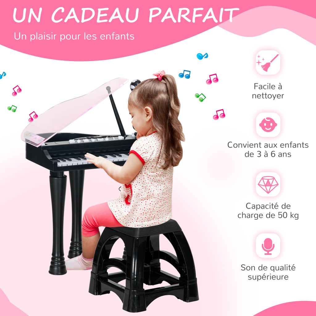Piano enfant électronique 32 touches multifonctions avec micro haut parleur tabouret couvercle lumineux LED noir-6