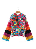 New Fall Women Multicolor Plaid Flower Hand Made Crochet Cardigan Coat Single Button Female Boho Crop Sweater Outerwear