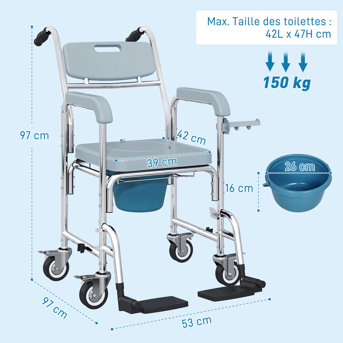 Chaise percée adulte à roulettes, chaise percée de douche avec repose-pieds, dossier et accoudoirs, 53x97x97cm, gris-2