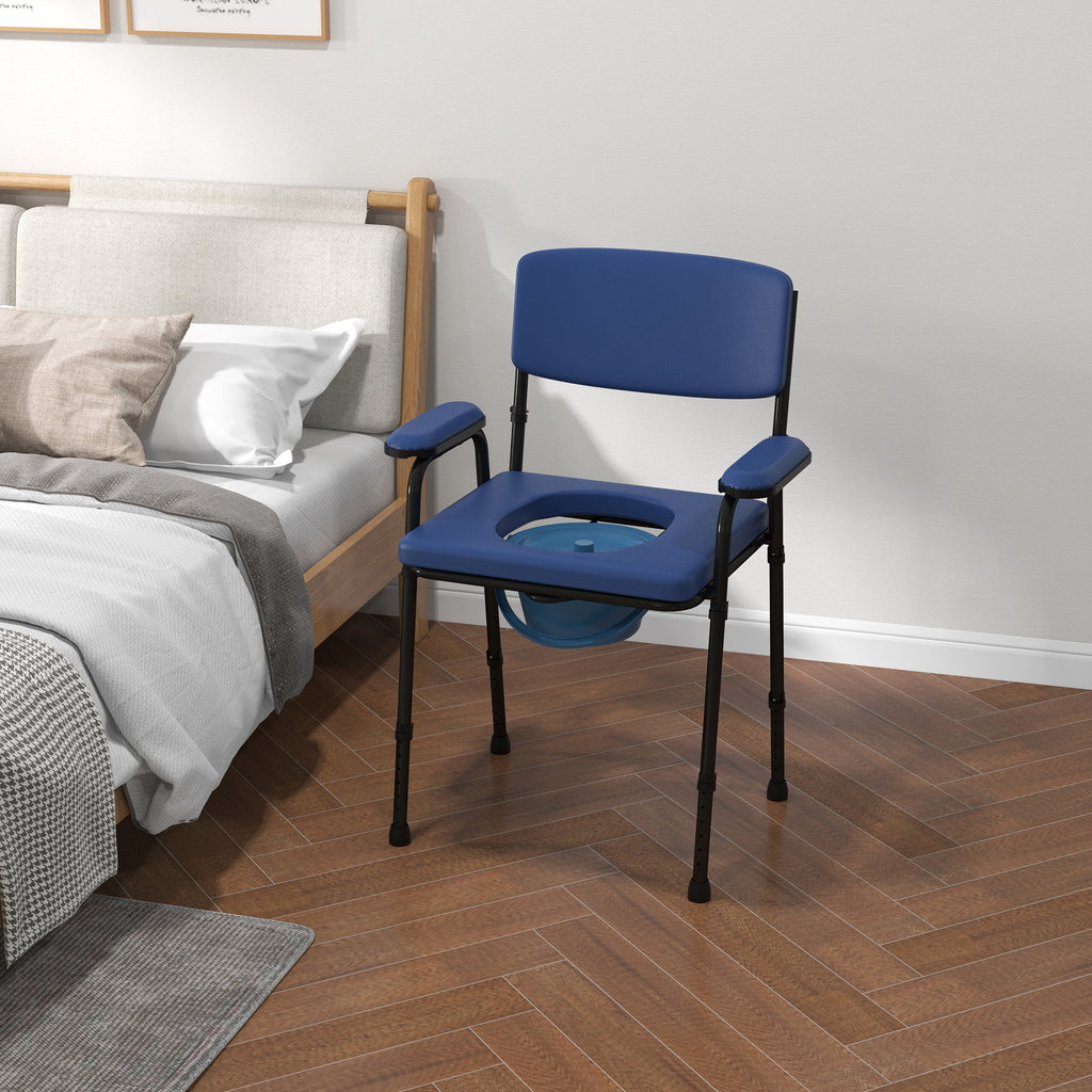 Chaise percée toilette multifonctions seau amovible hauteur réglable avec dossier siège et accoudoirs rembourrés bleu-9