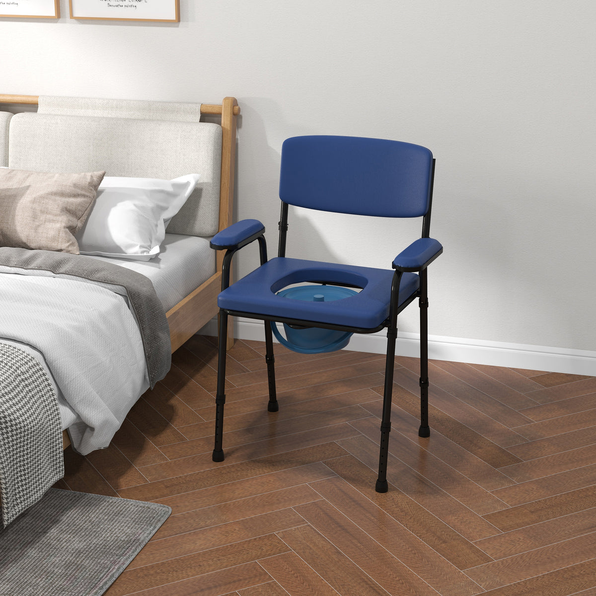 Chaise percée toilette multifonctions seau amovible hauteur réglable avec dossier siège et accoudoirs rembourrés bleu-9