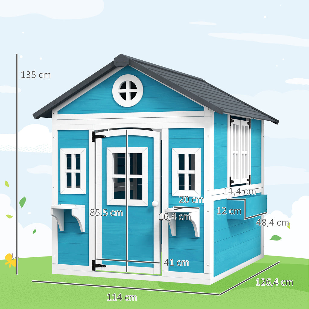 Cabane enfant extérieur maison enfant extérieure avec porte fenêtres et jardinières 114 x 126,4 x 135 cm bleu-2