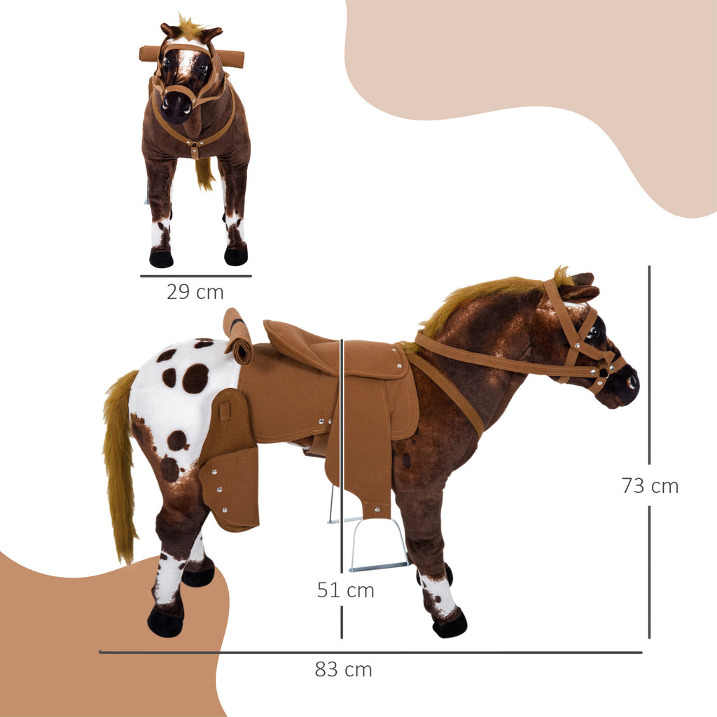Cheval Debout en Peluche Effets sonores hennissement et Galop Selle étrier rênes 85L x 28l x 60H Marron Blanc-2