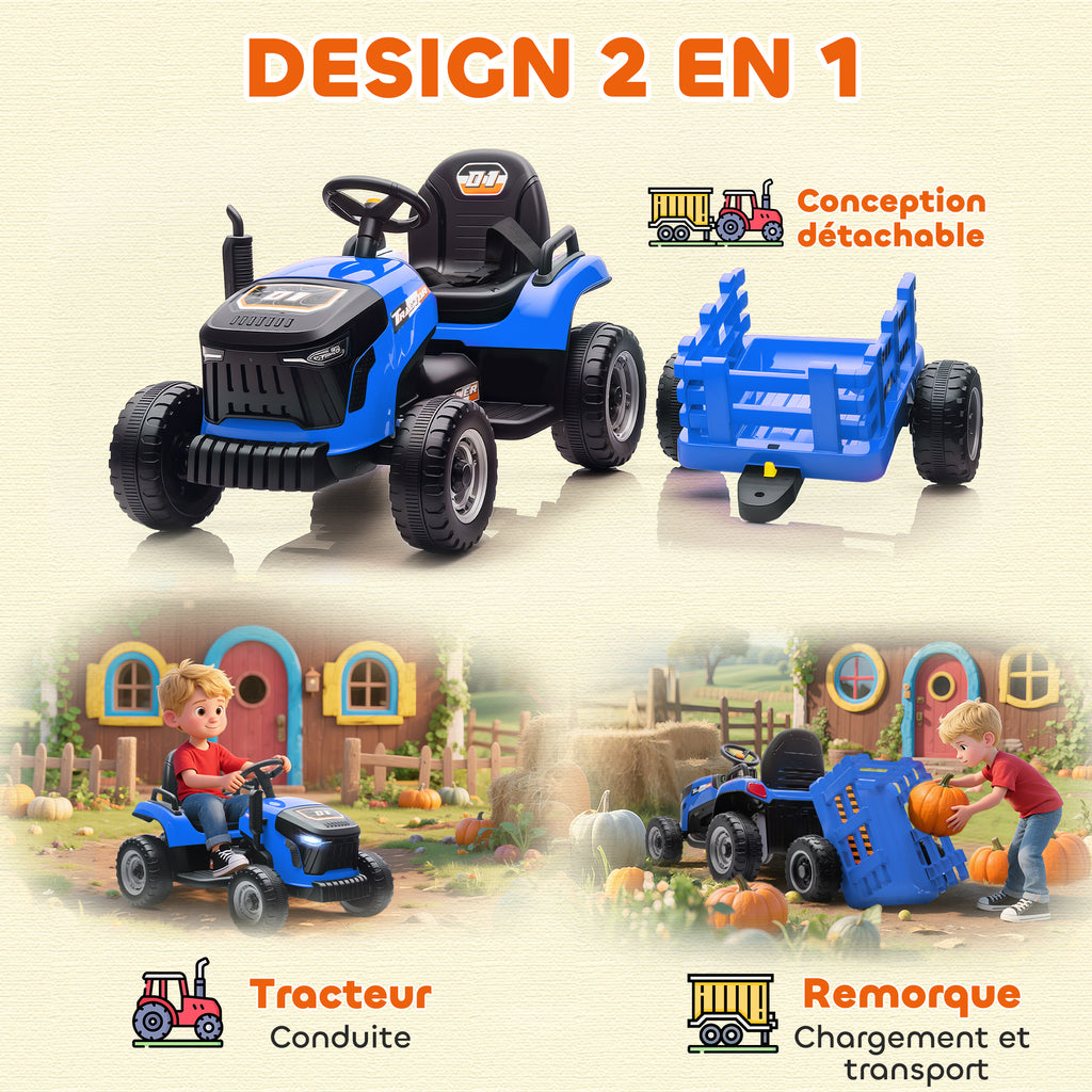 Tracteur électrique enfants avec remorque amovible, voiture électrique enfants, télécommande 2,4G, 139x58x55cm, bleu-4