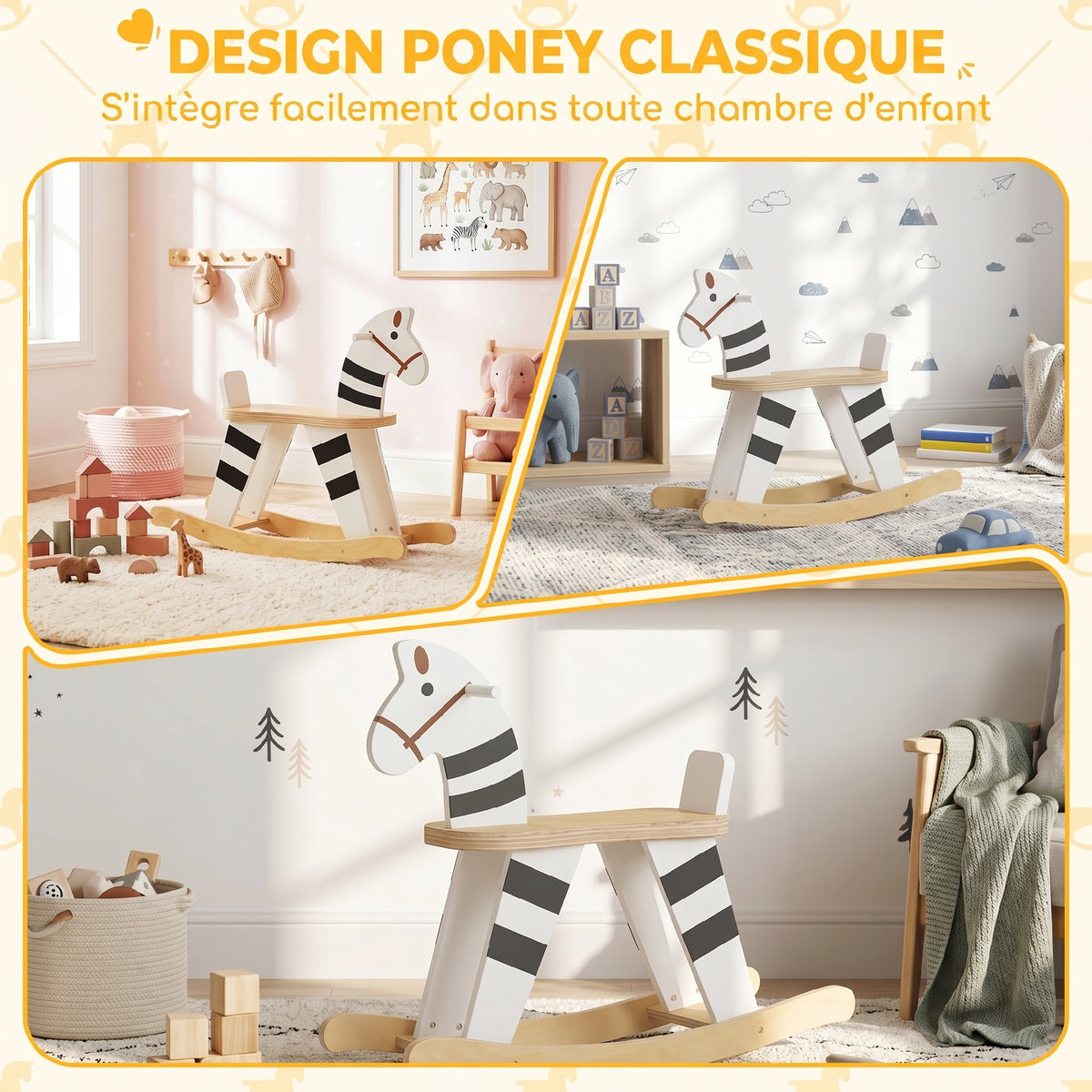 Cheval à Bascule pour Enfant, Jouet à Bascule pour Enfant avec Base en Bois et Dossier, 18 Mois à 3 Ans, Noir et Blanc-3