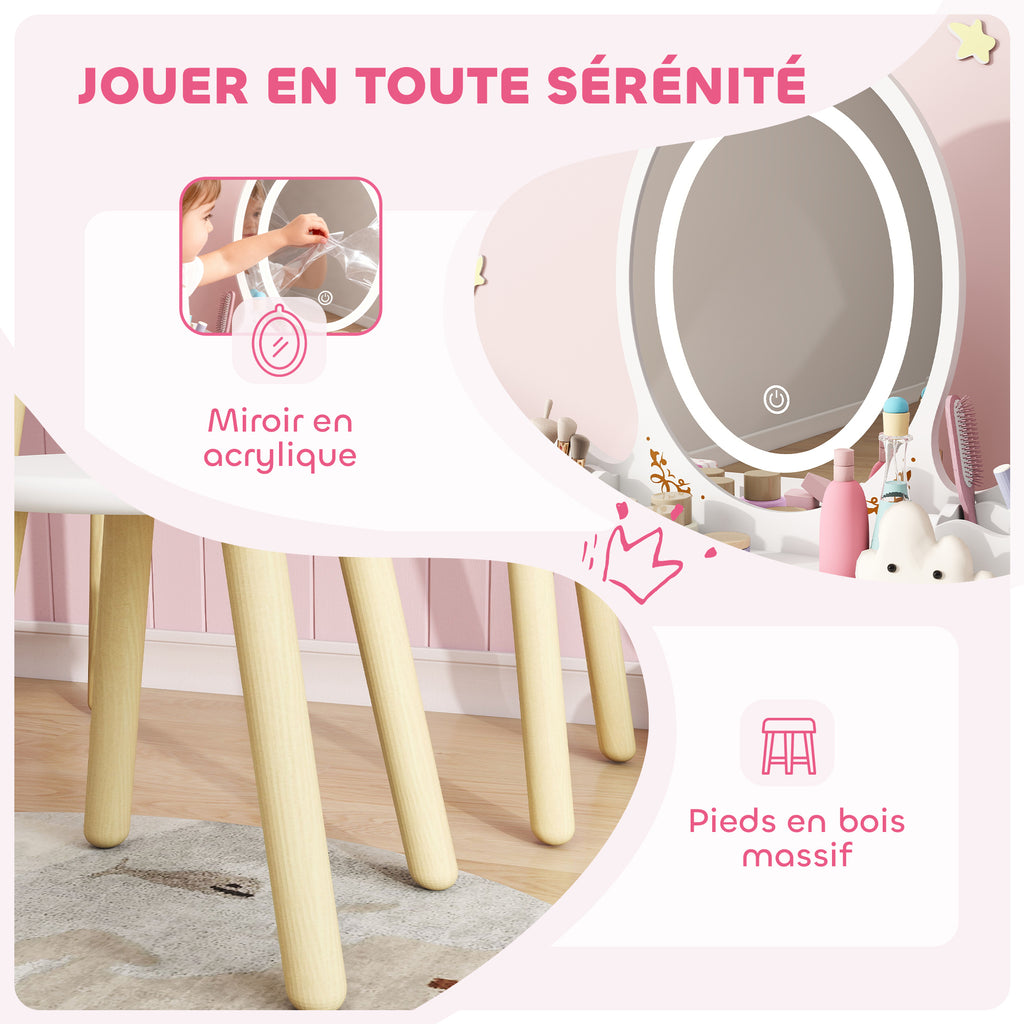 Coiffeuse pour enfant 2 en 1 bureau enfant fille avec miroir à LED 3 couleurs et tabouret 60x30x99,3 cm blanc-6