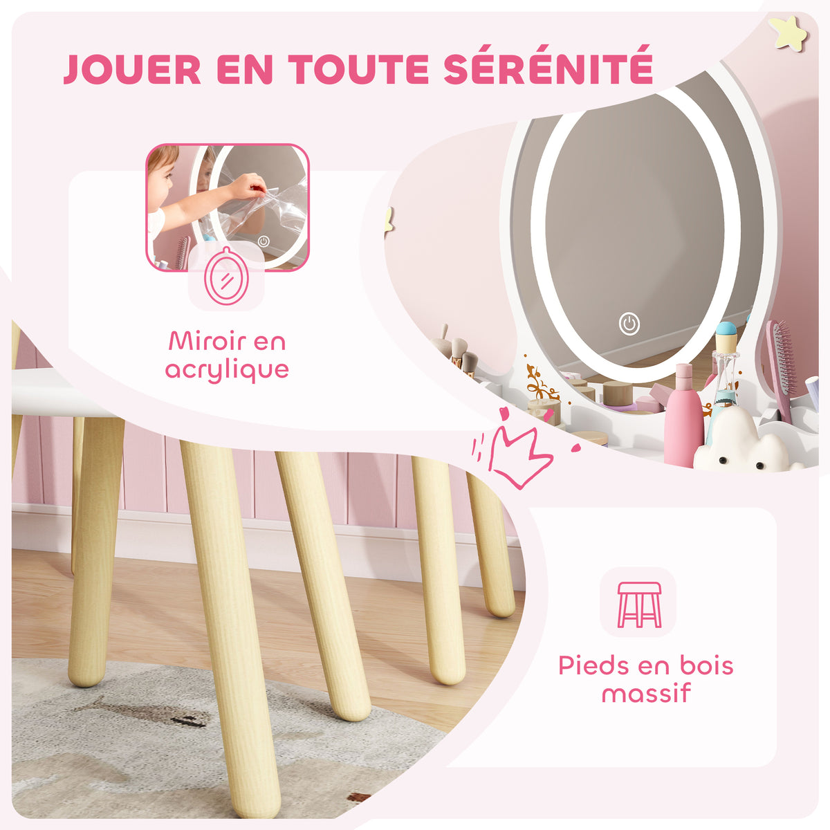 Coiffeuse pour enfant 2 en 1 bureau enfant fille avec miroir à LED 3 couleurs et tabouret 60x30x99,3 cm blanc-6