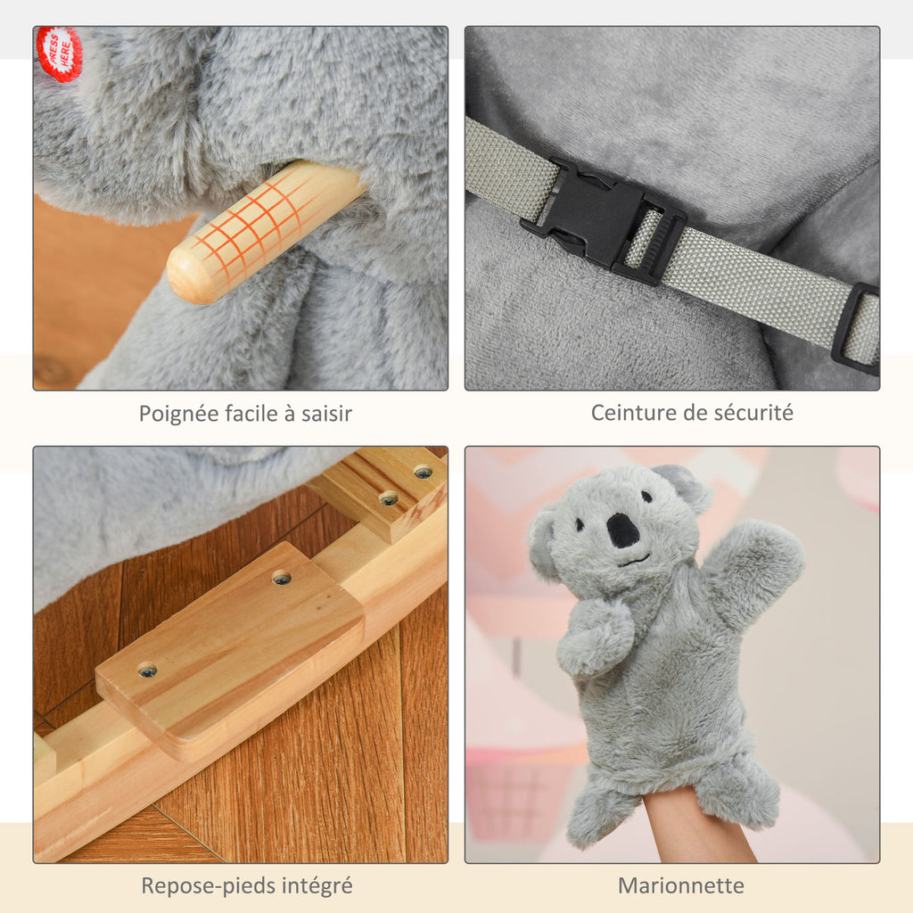 Jouet à Bascule Koala avec marionnette - Effet sonore Rugissement - Fauteuil intégré, Ceinture de sécurité - pour 18-36 mois - Bois peuplier Peluche Courte Polyester Gris-5