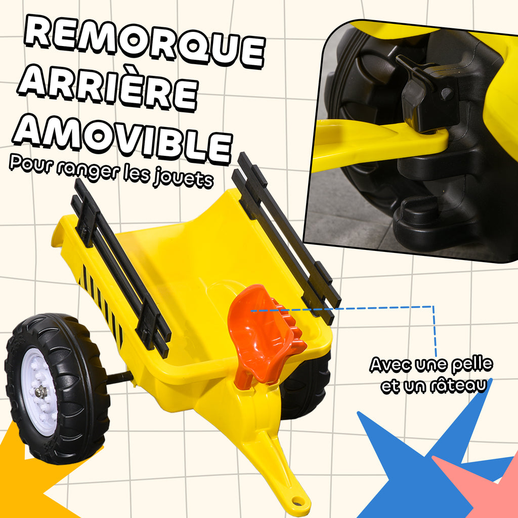 Porteur tracteur enfants avec remorque, râteau et pelle, tracteur à pédales 6 roues, charge 35 kg, pour 3+ ans, jaune-4