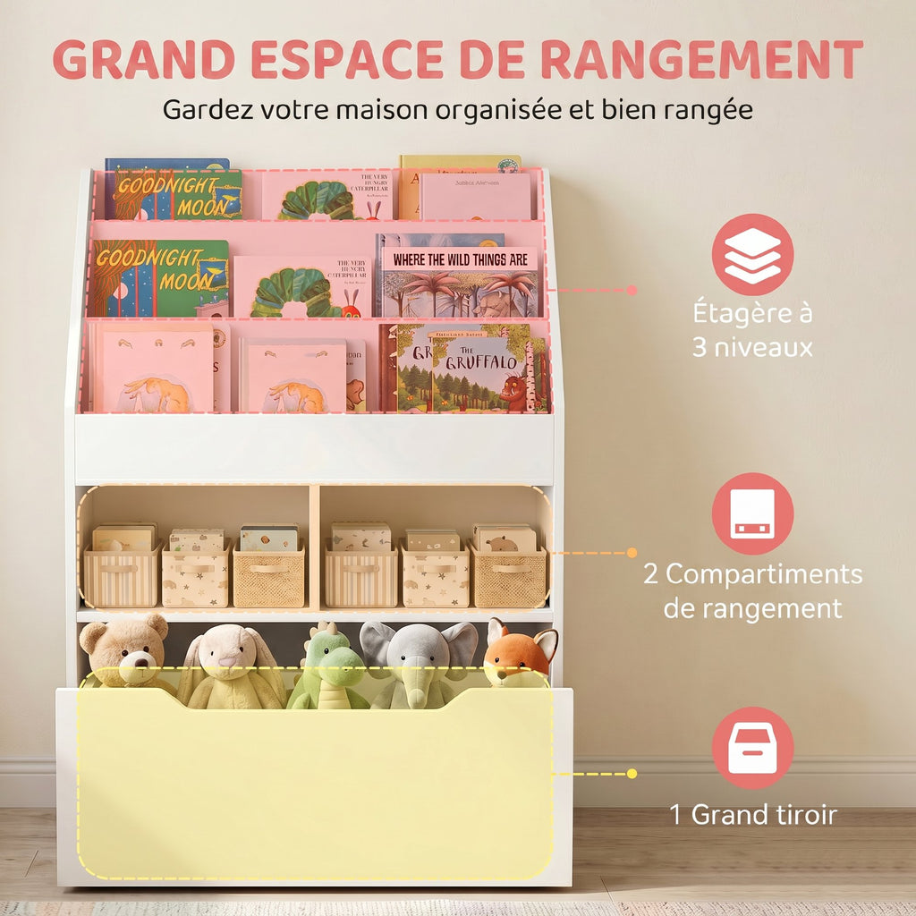Bibliothèque étagère Multi-Rangement 3 étagères 2 niches Grand tiroir en bois Blanc-3