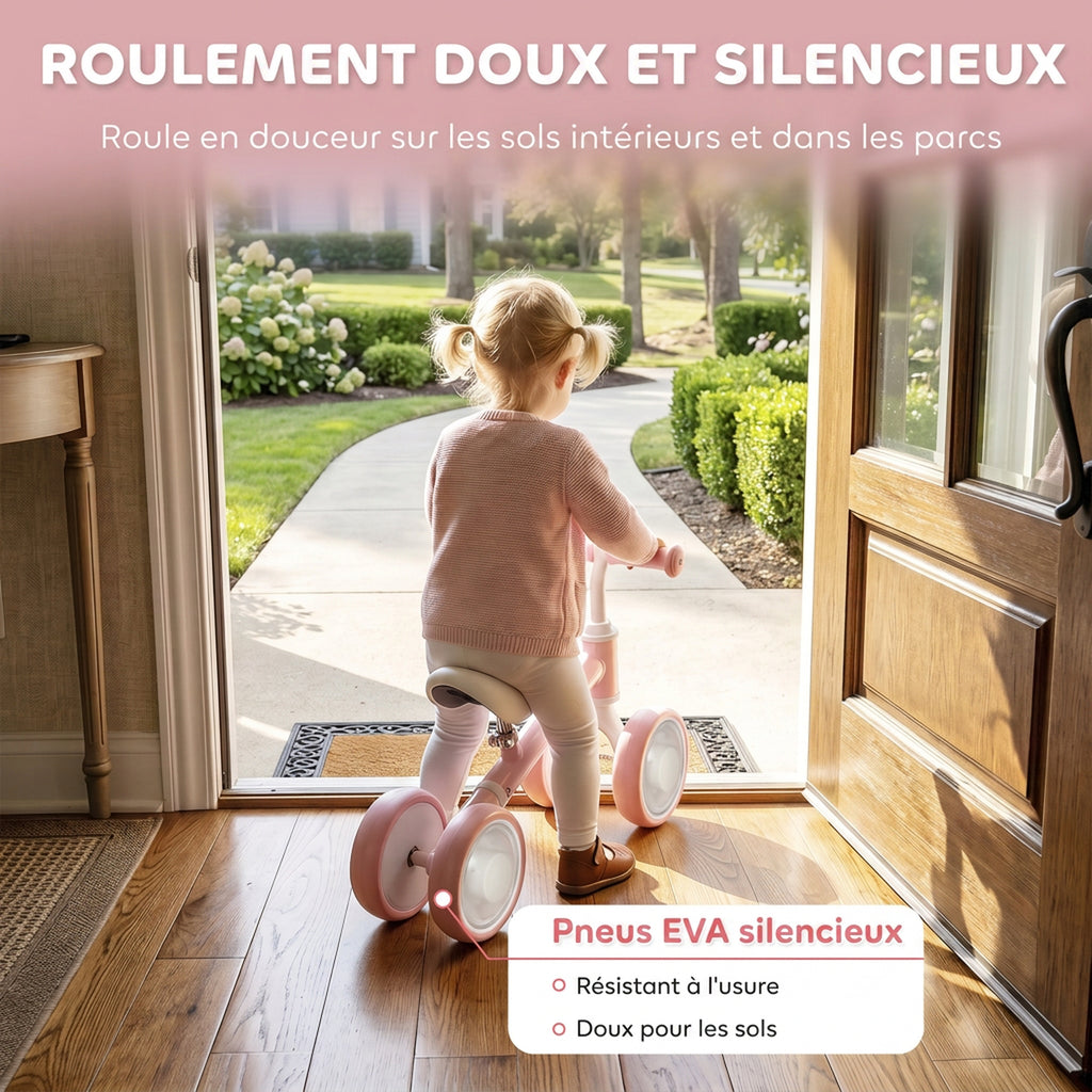 Draisienne Bébé 1-2 Ans, 4 Roues Lumineuses, Siège Réglable, Direction Limitée, Pneus EVA Silencieux, 52x22x37cm, Rose-6