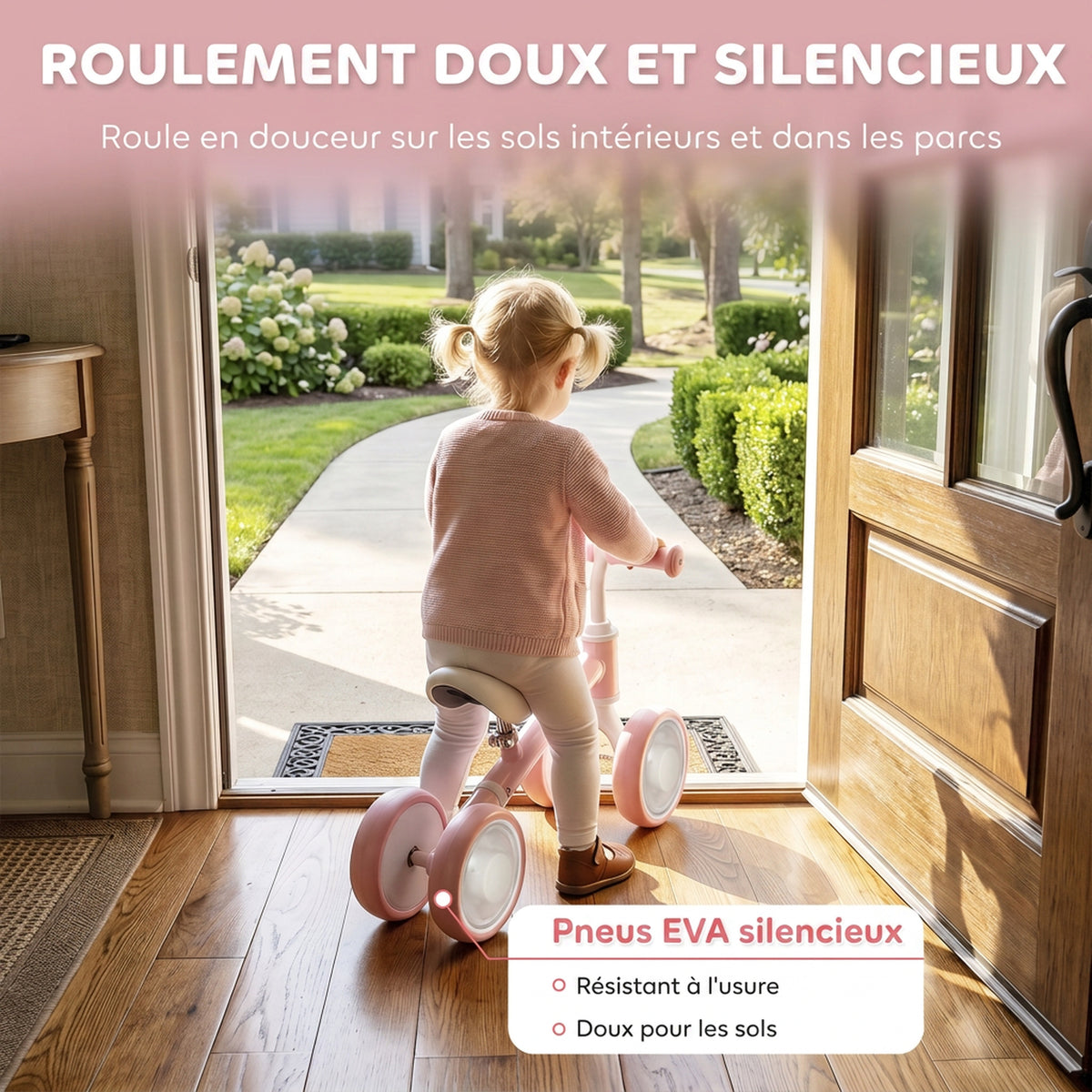 Draisienne Bébé 1-2 Ans, 4 Roues Lumineuses, Siège Réglable, Direction Limitée, Pneus EVA Silencieux, 52x22x37cm, Rose-6