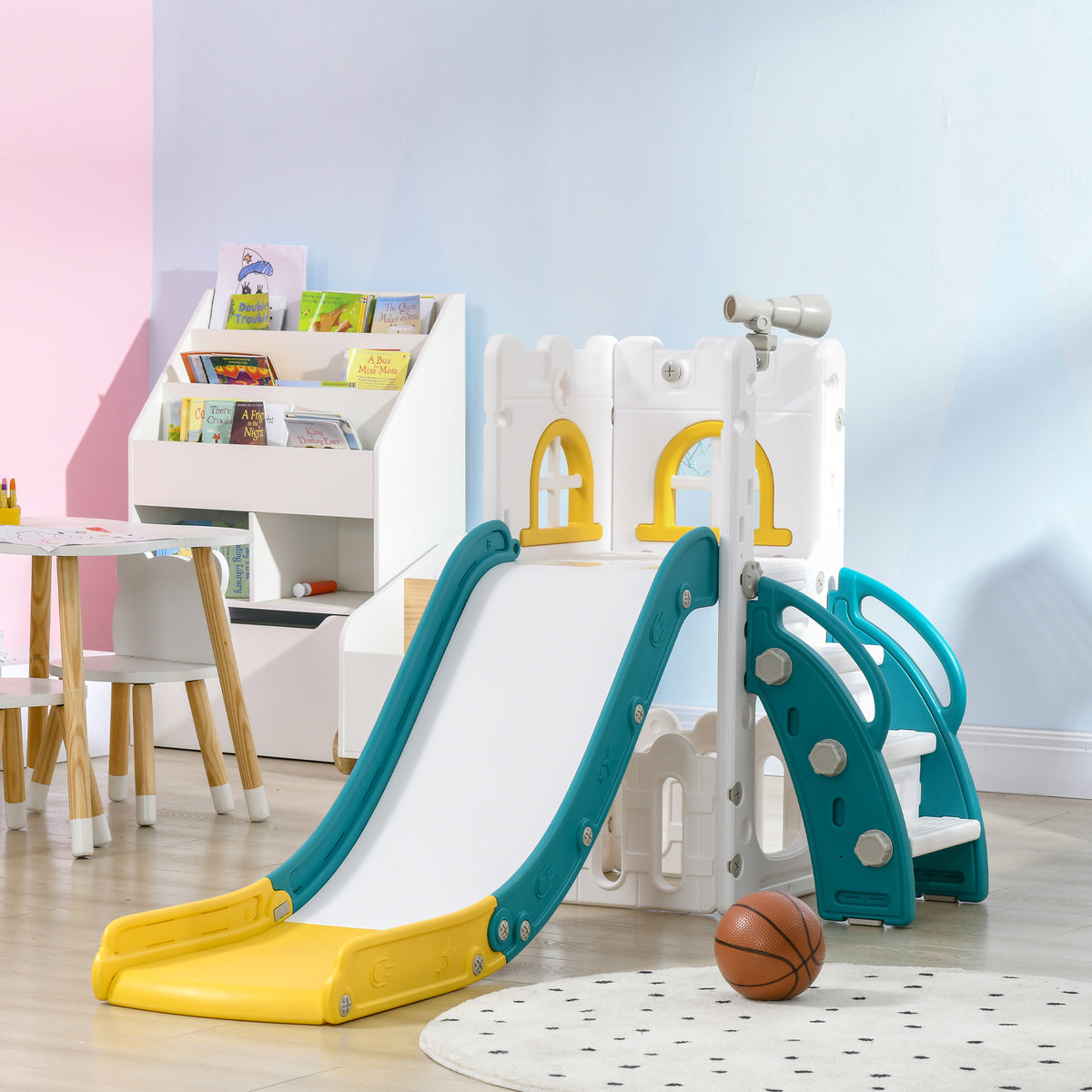 Toboggan pour enfants 5 en 1 avec panier de basket escalade télescope espace de rangement 70 x 177 x 92 cm jaune-9