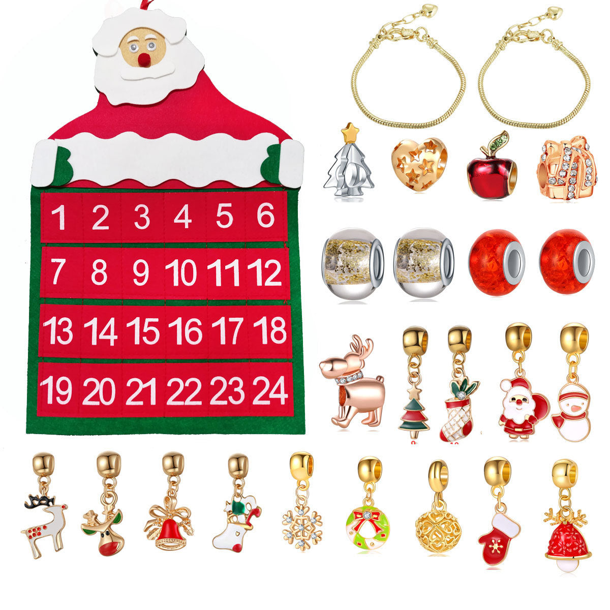 Christmas Decorations Gift Advent Calendar Fabric Bag Bracelet Necklace Beaded DIY Gift Set
