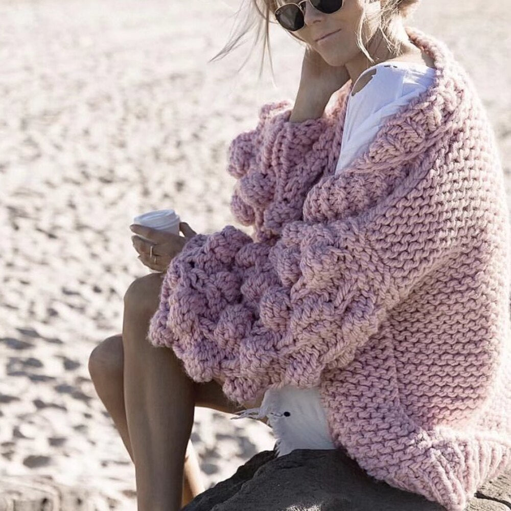 Autumn Winter Thicken Knitwear Cardigan Sweaters Sexy Puff Sleeve Handmade Knitted Cardigans Warm Sweater Outwear Coats Pink
