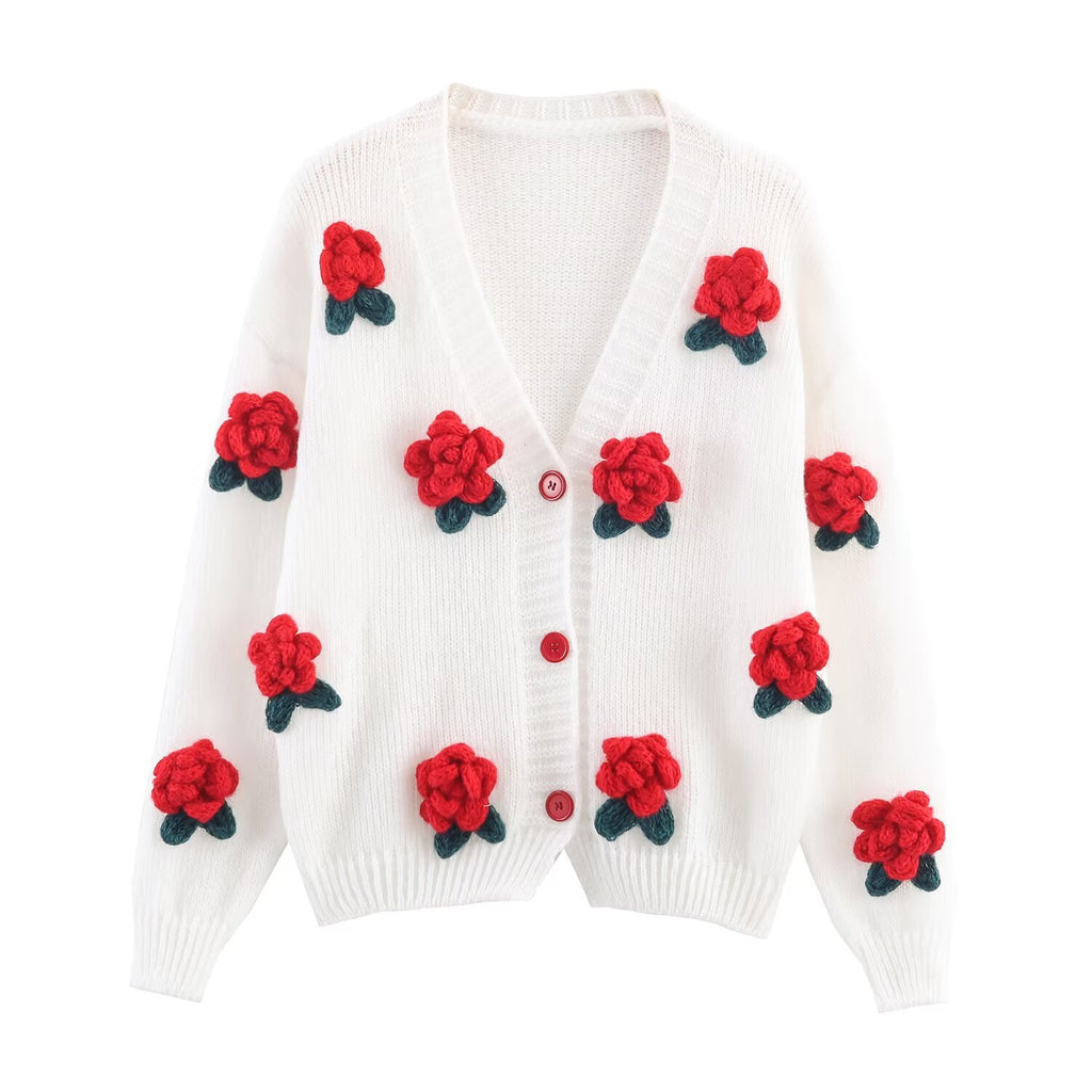 Sweet handmade flower embellished knitted cardigan jacket