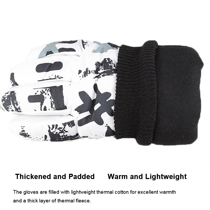 Winter Ski Gloves Warm Thermal Men Women Thickened Cotton Waterproof Non-Slip Warm Riding Outdoor Graffiti Snowboard Cycling