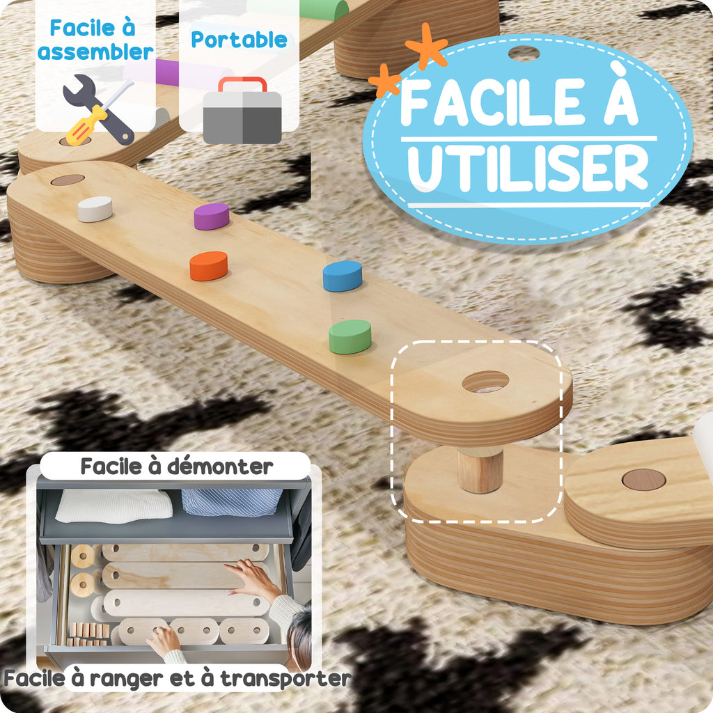 Poutre d'équilibre en bois pour enfants 3-8 ans avec pierres d'obstacle colorées, intérieur et extérieur-4