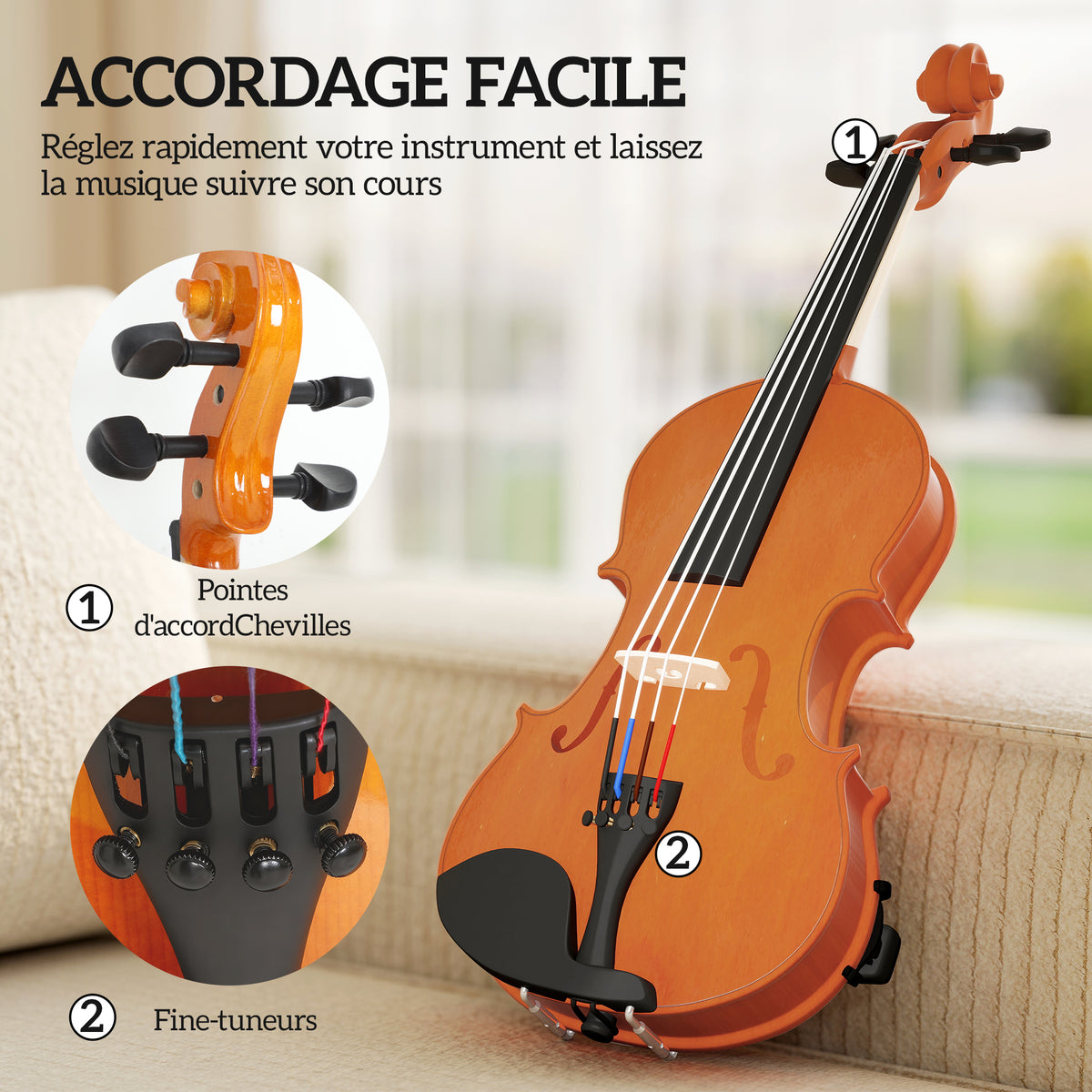 Violon 4/4 ensemble de violon en bois massif pour adultes et débutants avec étui léger et portable 60 x 21 cm marron-6