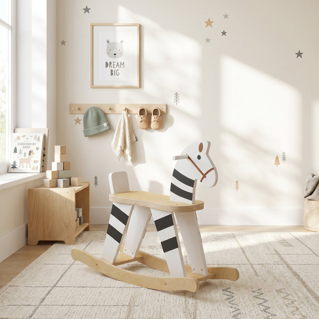Cheval à Bascule pour Enfant, Jouet à Bascule pour Enfant avec Base en Bois et Dossier, 18 Mois à 3 Ans, Noir et Blanc-1