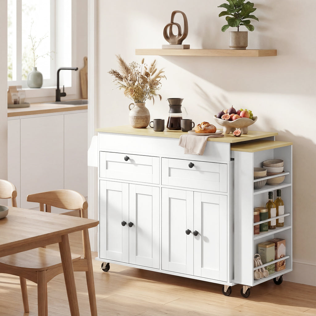 îlot central cuisine avec plateau extensible, desserte de cuisine sur roulettes avec 2 tiroirs, 4 portes, blanc-8