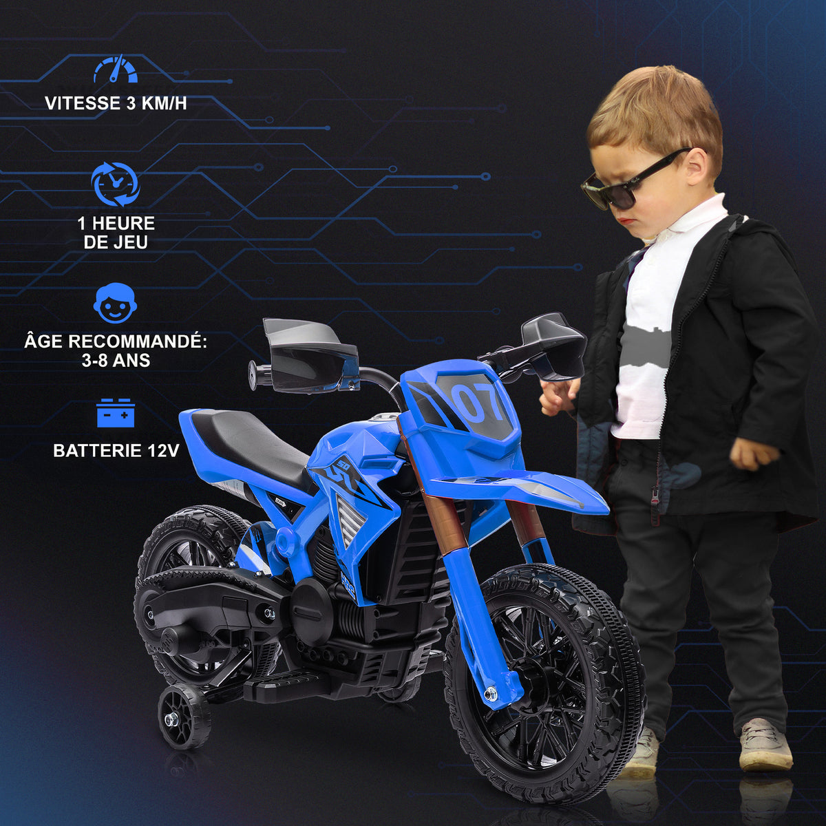 Moto cross électrique pour enfants 3-8 ans, batterie 6 V, 2 moteurs, klaxon et roues d'entraînement, charge 30KG, bleu-3