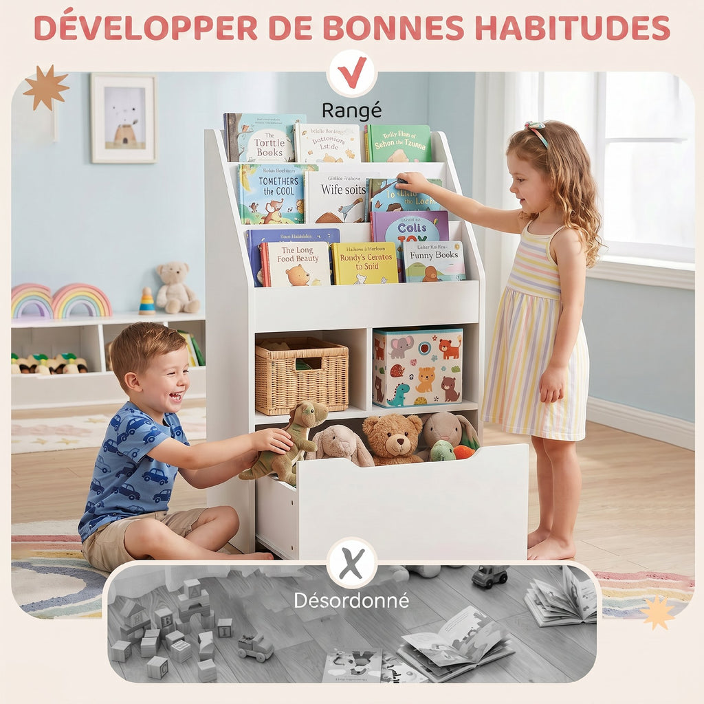 Bibliothèque étagère Multi-Rangement 3 étagères 2 niches Grand tiroir en bois Blanc-7