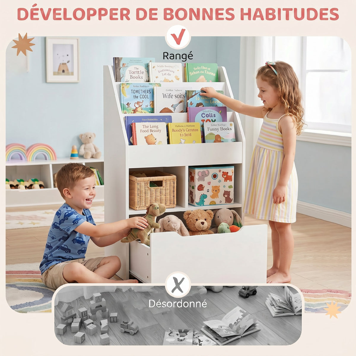 Bibliothèque étagère Multi-Rangement 3 étagères 2 niches Grand tiroir en bois Blanc-7