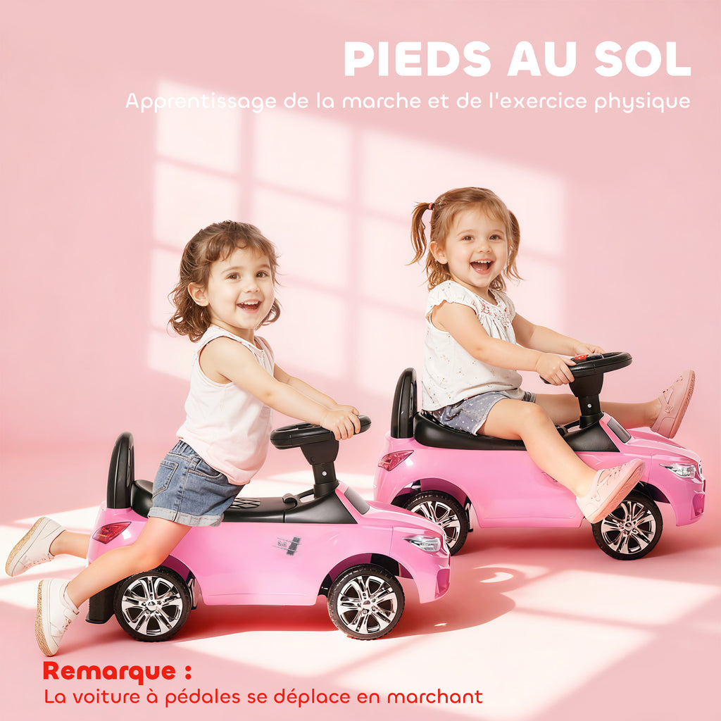 Porteur enfants voiture, véhicule à pousser avec coffre à jouets, klaxon, phares et musique, 63,5 x 28 x 36 cm, rose-7