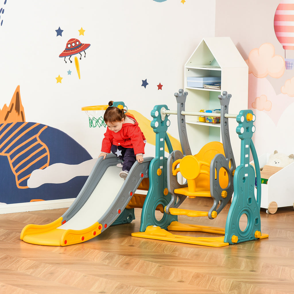 Toboggan et balançoire pour enfants 4 en 1 avec panier de basket, siège réglable, 152x149x107cm, bleu et jaune-1