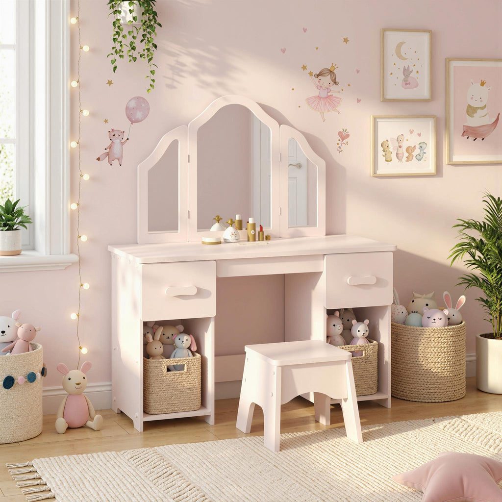 Coiffeuse pour Enfants avec Tabouret et Miroir à Trois Volets en Acrylique, 2 Tiroirs et 2 Placards, Rose-9