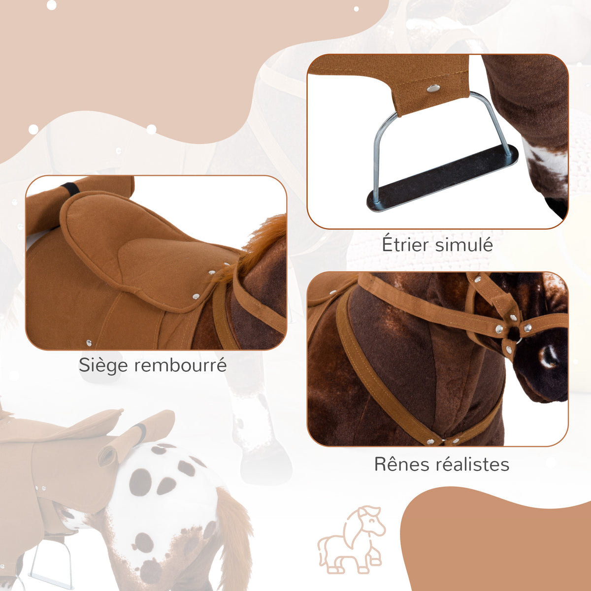 Cheval Debout en Peluche Effets sonores hennissement et Galop Selle étrier rênes 85L x 28l x 60H Marron Blanc-6