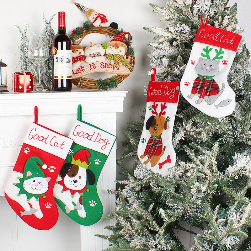 Cute Cat and Dog Christmas Socks Cartoon Christmas Socks Pendant Christmas Tree Gift Bag Decorative Socks