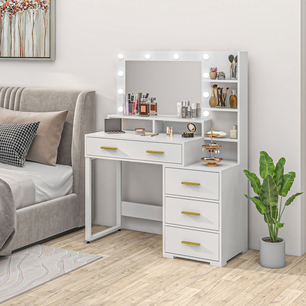 Coiffeuse avec miroir et 9 lumières LED, 4 tiroirs et 6 compartiments ouverts, 100 x 40 x 138 cm, blanc-8